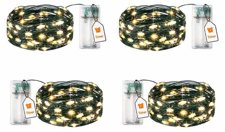 Set di 4 catene luminose con timer, alimentate a batteria, colore verde