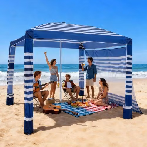 Tenda da spiaggia VEVOR con parete laterale e tasche per la sabbia, ombrellone parasole portatile regolabile in altezza, blu scuro e bianco, L 243,8 cm x P 243,8 cm x H 240 cm