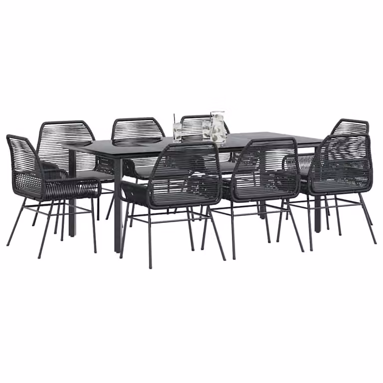 Set da pranzo da giardino vidaXL in polyrattan con tavolo in vetro e 9 pezzi, nero e grigio