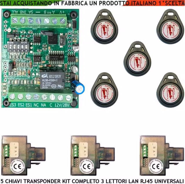 Chiave di Prossimità Securvera con Tre Lettori su Modulo LAN Universale 501/503 RJ45, 5 Chiavi TAG Trasponder, Alimentazione 12/24 V, Relè Scambio 2 A a 24 V con Funzione Impulsiva o Stabile e Segnale di Stato 4 LED Multicolore