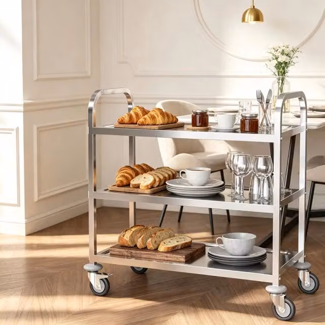 Carrello da cucina moderno WISHDOR in metallo argento con 3 ripiani e ruote girevoli L: 90,5 cm, P: 50,5 cm, H: 88,2 cm