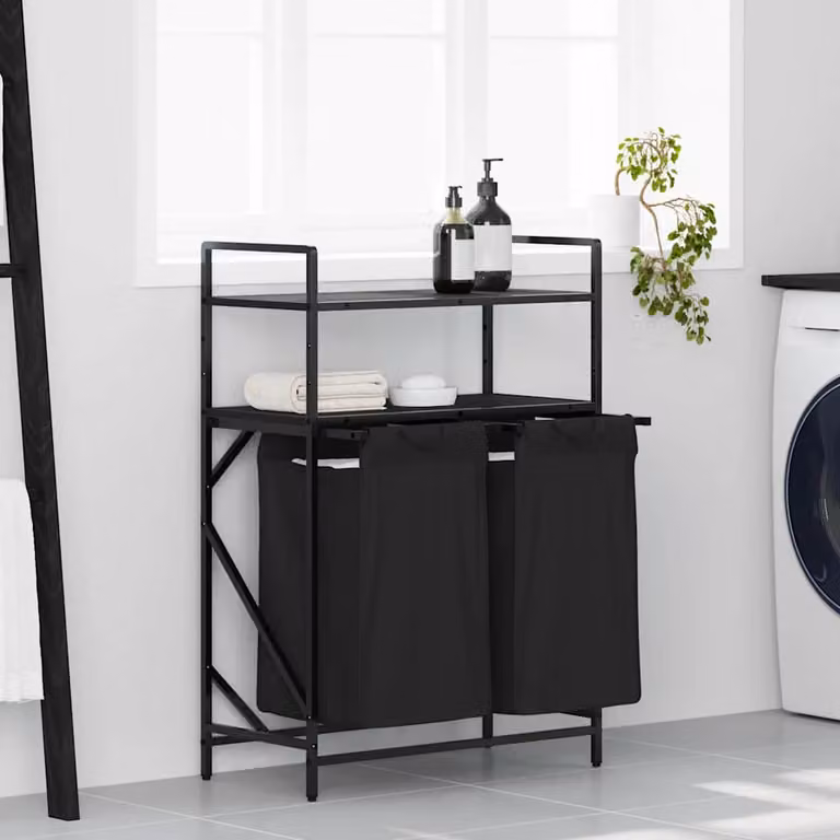 vidaXL Cesto della Biancheria a 2 Scomparti con Ripiani, Rovere e Nero, L: 97 cm, P: 67 cm, H: 33 cm