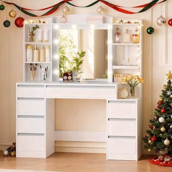 Comò da trucco con illuminazione a LED – 100 cm di larghezza – 8 cassetti