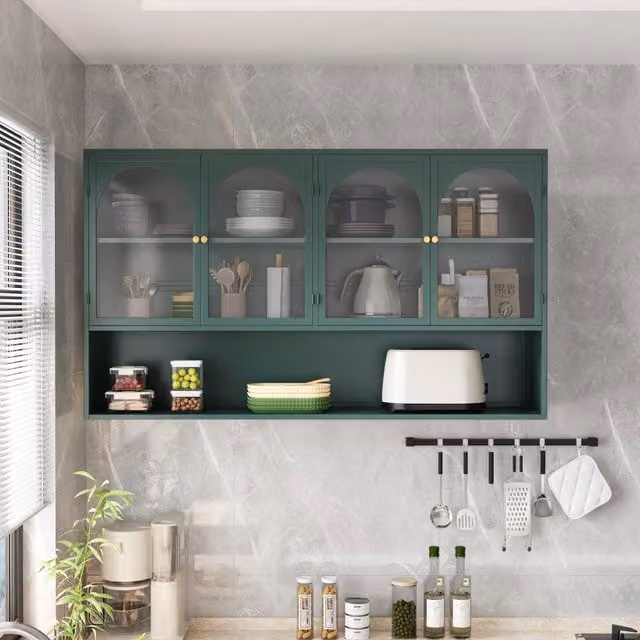 Armadio a muro 4 ante in vetro, 120 cm, verde scuro con vetri grigi, per cucina, soggiorno e bagno