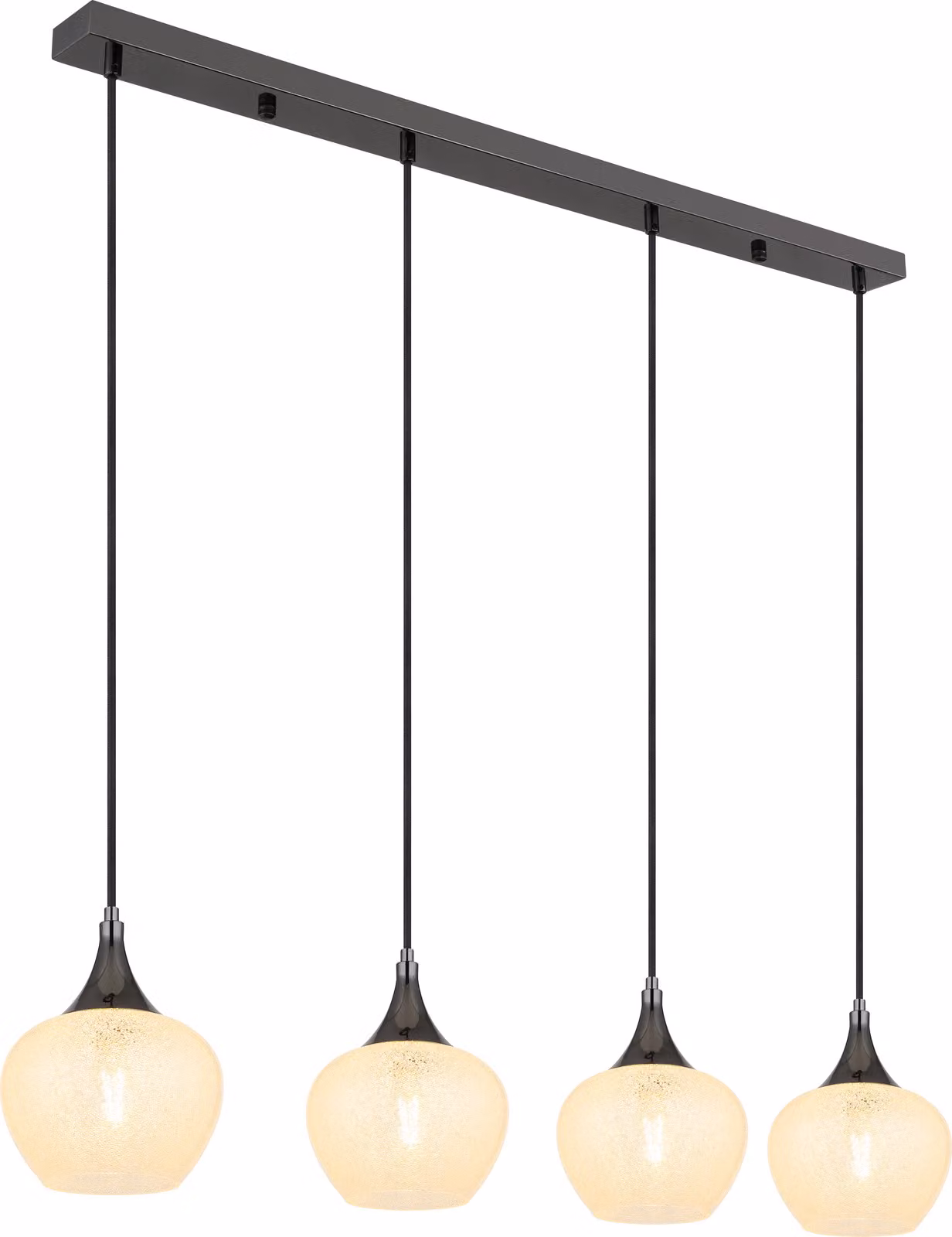 Lampada a sospensione Globo Lighting, struttura in metallo nero e cromato, vetro trasparente, cristalli in acrilico trasparente, cavo in PVC trasparente, altezza regolabile, dimensioni: 990x180x1200 mm, esclusa lampadina: 4 x E27, 40W, 230V
