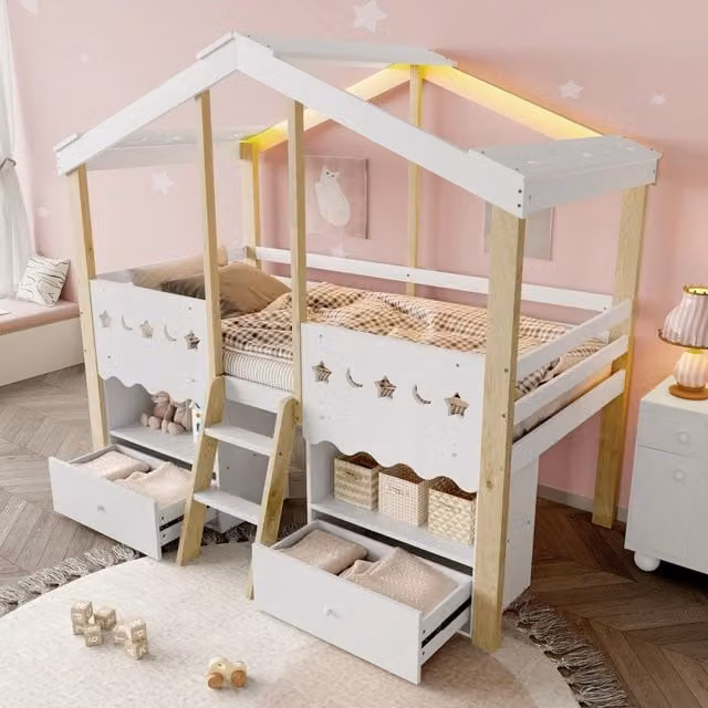 Letto a soppalco per bambini 90 × 200 cm con 2 cassetti, mensole e luce LED, senza materasso, bianco naturale