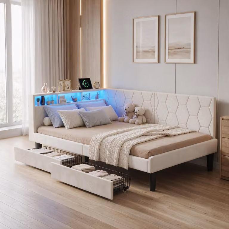 Letto imbottito INONEFT, divano letto 140x200 cm con LED e USB, letti singoli con testiera, spazio contenitivo e 2 cassetti, letto per ragazzi con rete a doghe, tessuto velluto, colore beige