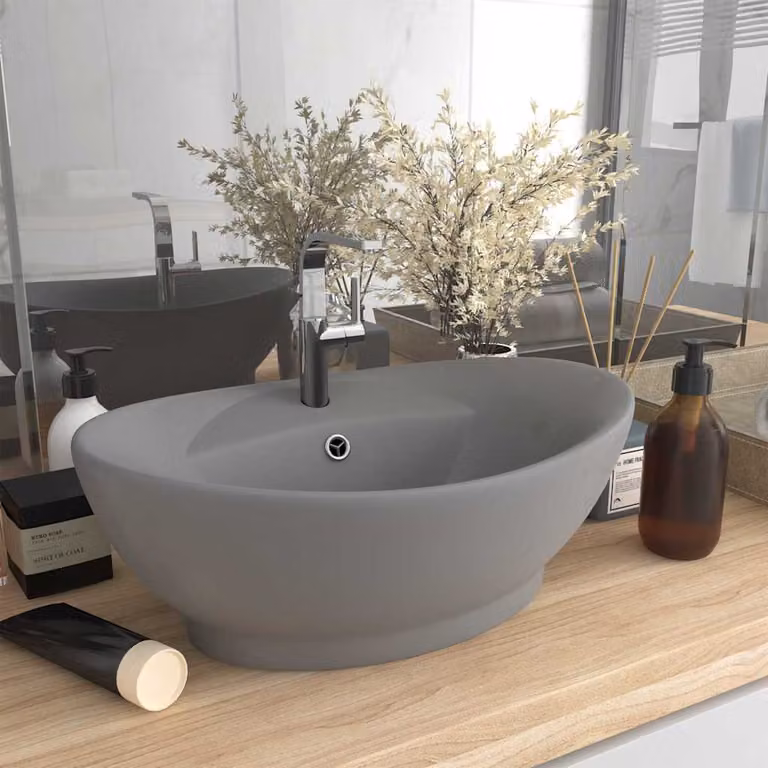 Lavabo da appoggio ovale in ceramica vidaXL con troppopieno, Turchese e Grigio, L: 58,5 cm, P: 39 cm