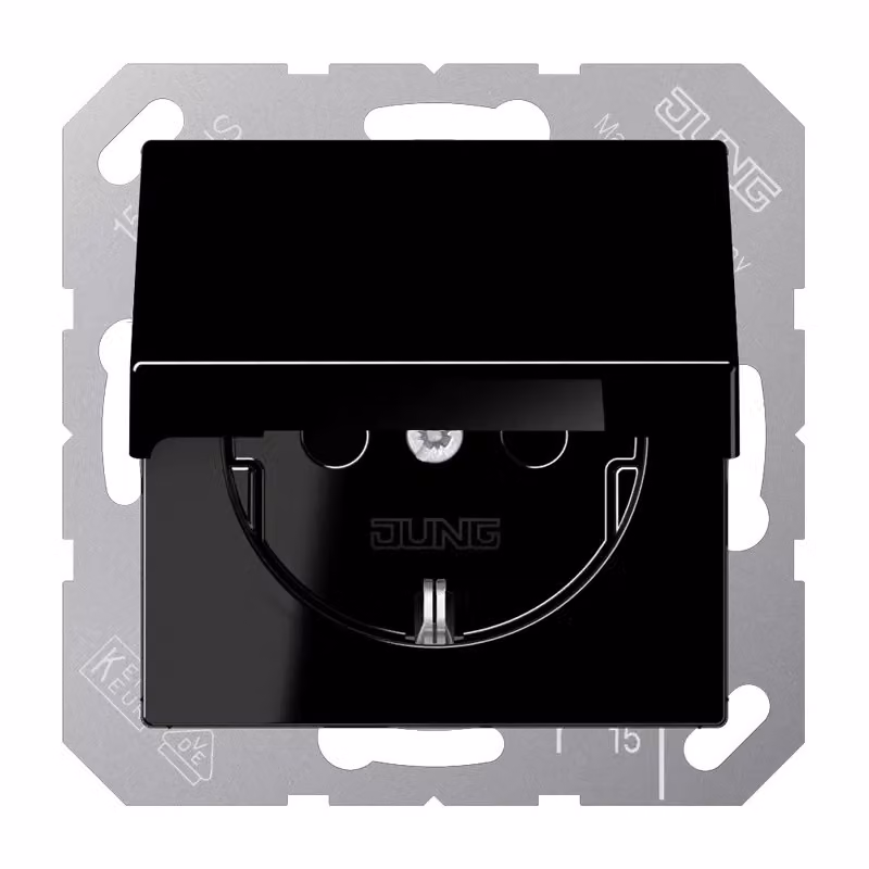 Jung A1520BFKLSW SCHUKO Presa di corrente con coperchio a cerniera infrangibile Serie A nero (A1520BFKLSW)