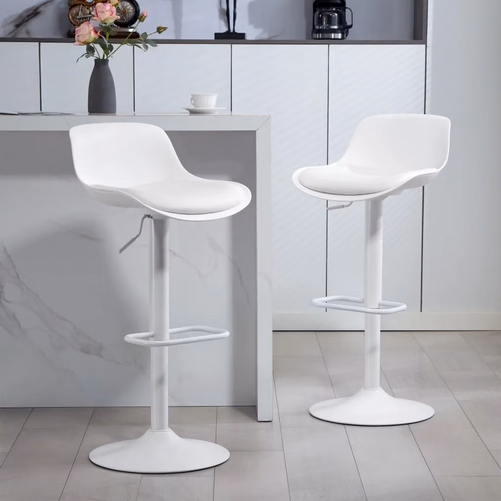Set di 2 Sgabelli da Bar Giordanoshop con Schienale, Seduta Girevole a 360 Gradi e Poggiapiedi, Rivestimento in Pelle PU Bianco e Struttura in Metallo – 2