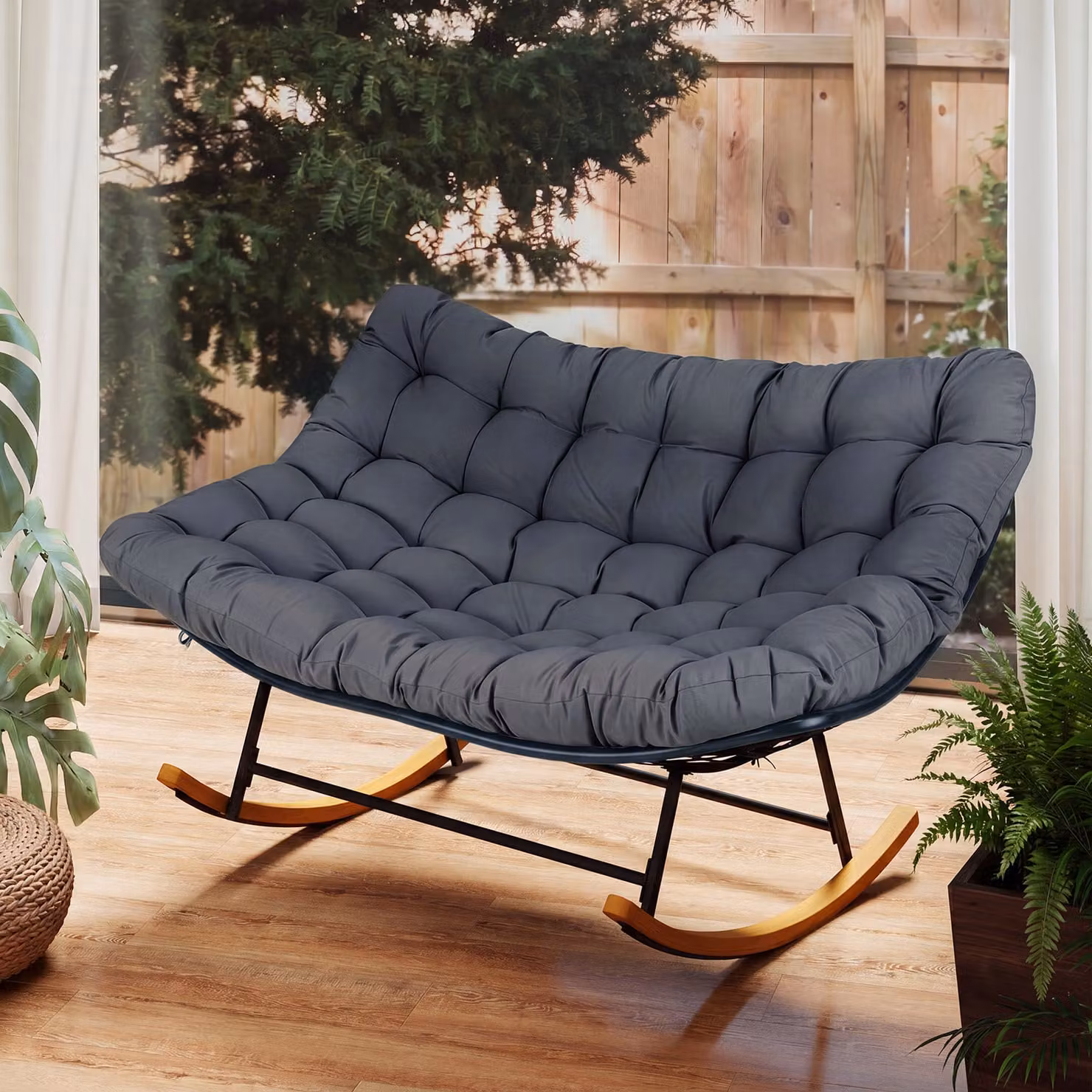 Poltrona dondolo papasan doppia Costway per 2 persone, divano oversize ovale per esterno e interno, Grigio scuro