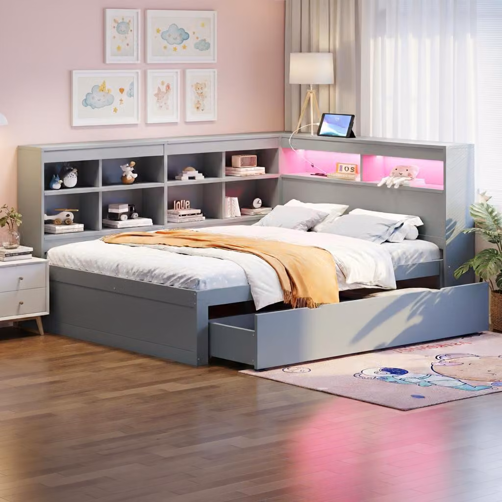 okwish divano letto daybed 140x200cm con rete a doghe e ampi cassetti, letto contenitore daybed con presa USB e striscia luminosa a LED, ripiani e vani portaoggetti (senza materasso) - grigio