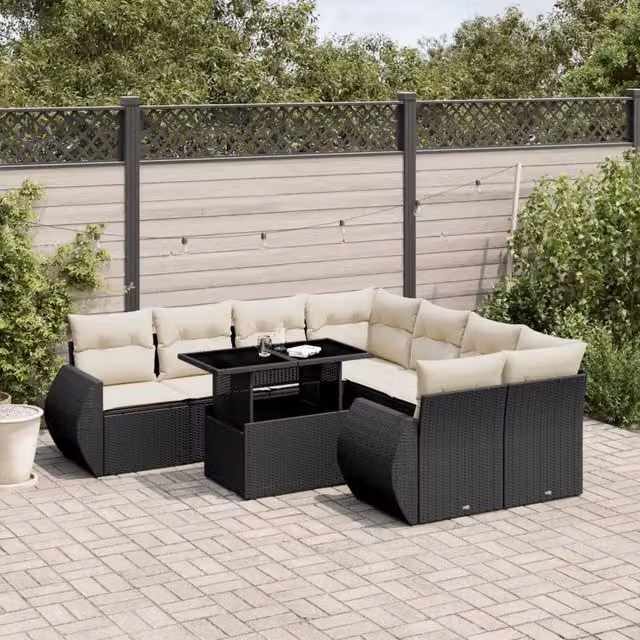 Set Divani da Giardino 9 pz con Cuscini Nero in Polyrattan 3268426