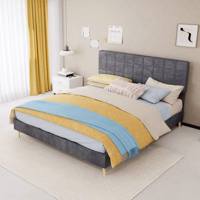 Letto matrimoniale Mivray con testiera imbottita a quadri in velluto grigio e piedi in legno, L/P: 160 x 200 cm