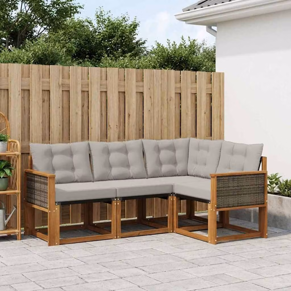 Set di divani da esterno vidaXL a forma di L composto da 4 pezzi in legno di acacia trattato e tessuto textilene, colori beige, grigio e marrone, con cuscini inclusi