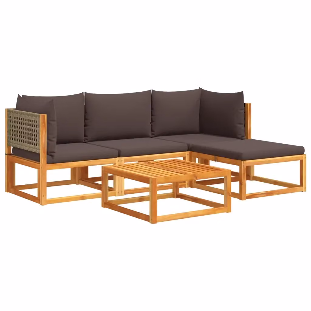 vidaXL Set di divani da giardino a L composto da 5 pezzi con tavolino, pouf e cuscini in legno di acacia e rattan, colori marrone e grigio – 2