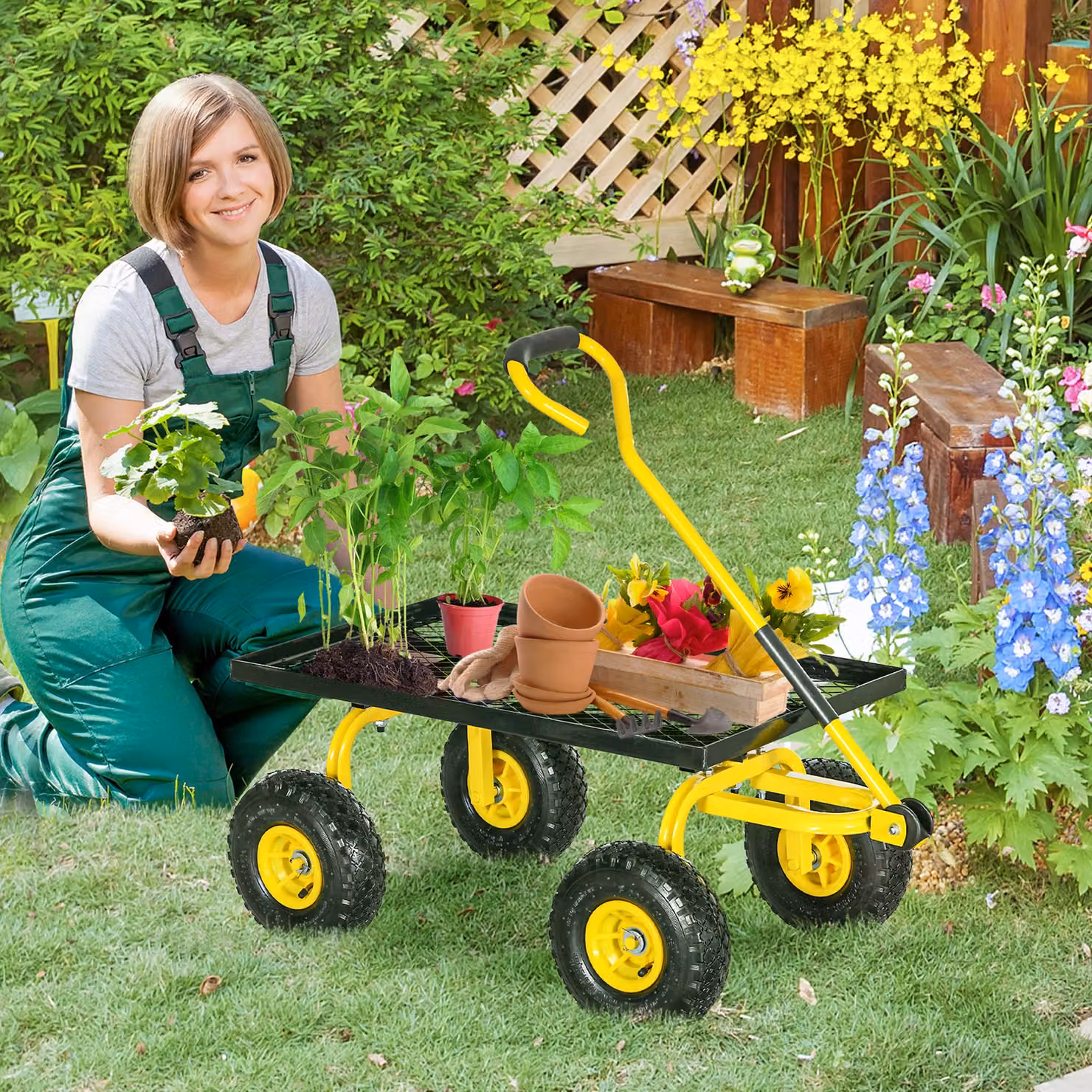 Carrello da giardino Outsunny in acciaio con maniglia rivestita, Giallo e Nero, H 100 x L 94 x P 48,5 cm – 2