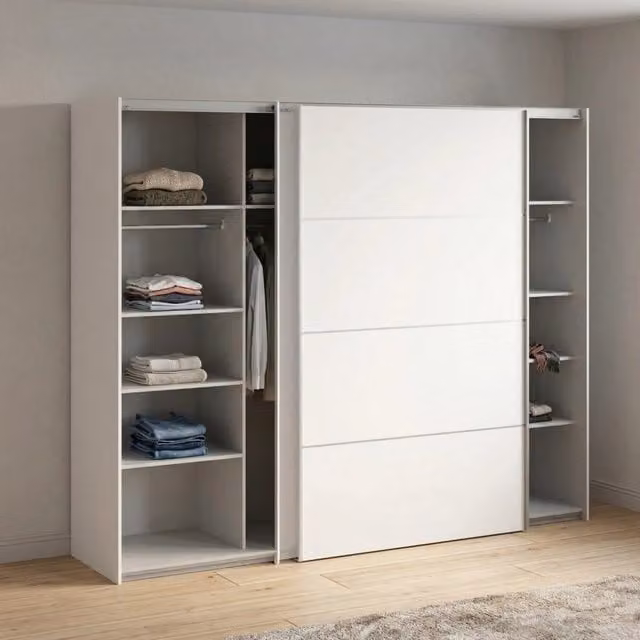 Armadio con ante scorrevoli DMORA per camera da letto, colore bianco opaco, L: 243 cm, P: 64 cm, H: 201,5 cm