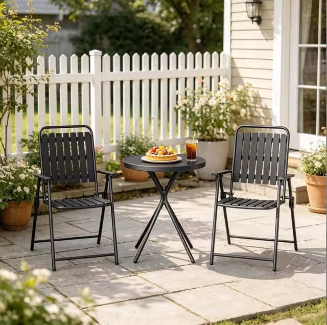 Set mobili da giardino 3 pezzi con tavolo e 2 sedie pieghevoli; nero