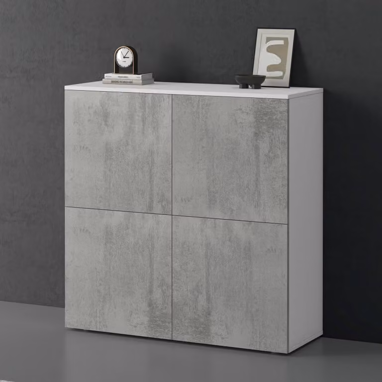 doporro Mobile Organizzatore Credenza Buffet in Legno con 4 Ante Push-to-Open e Soft-Close per Soggiorno, Sala da Pranzo o Ingresso, 100x36,4x100 cm Bianco opaco e Calcestruzzo Schrank04
