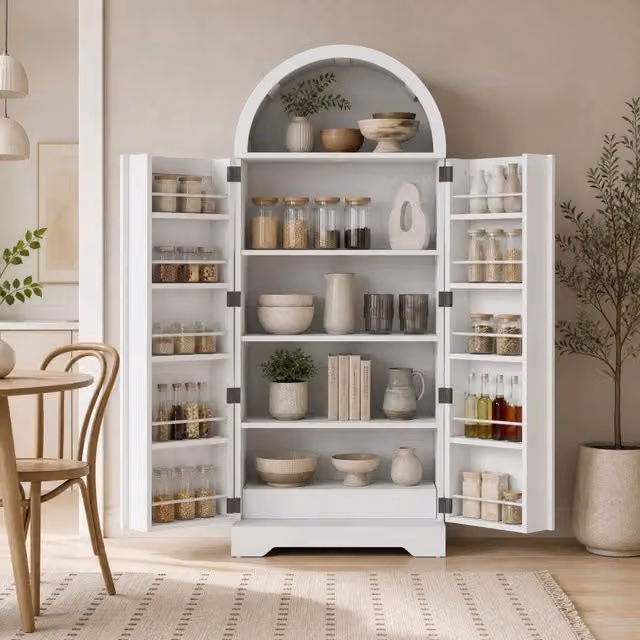 Armadio vetrina moderno in MDF bianco con ante in vetro e ripiani interni, L: 70 cm, P: 40 cm, H: 165 cm