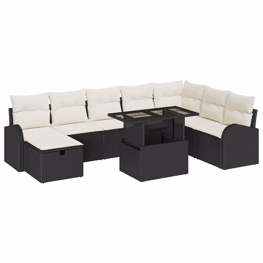 Set Divano da Giardino vidaXL 9 Pezzi in Polyrattan Nero con Cuscini e Tavolino in Vetro – 2