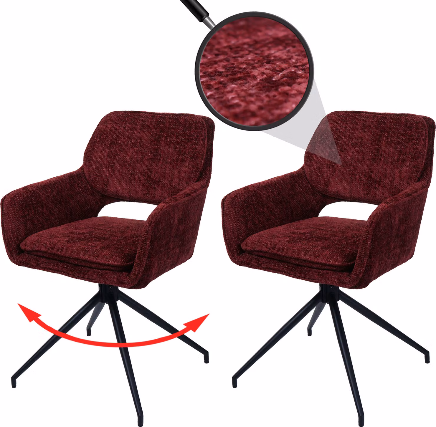 Set di 2 sedie da pranzo HWC-N74, sedie per la cucina, girevoli con sistema di ritorno automatico, rivestite in tessuto chenille (490g/m²), colore bordeaux