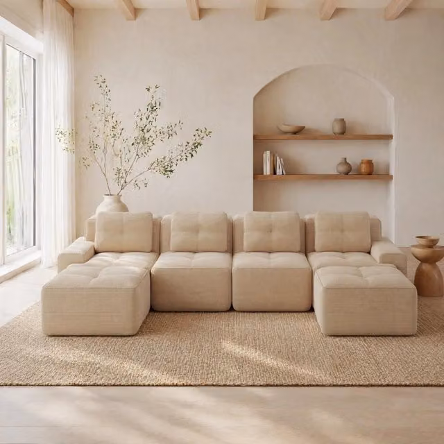 Divano modulare U 382x177x69 cm in tessuto beige, 4 posti, senza montaggio –