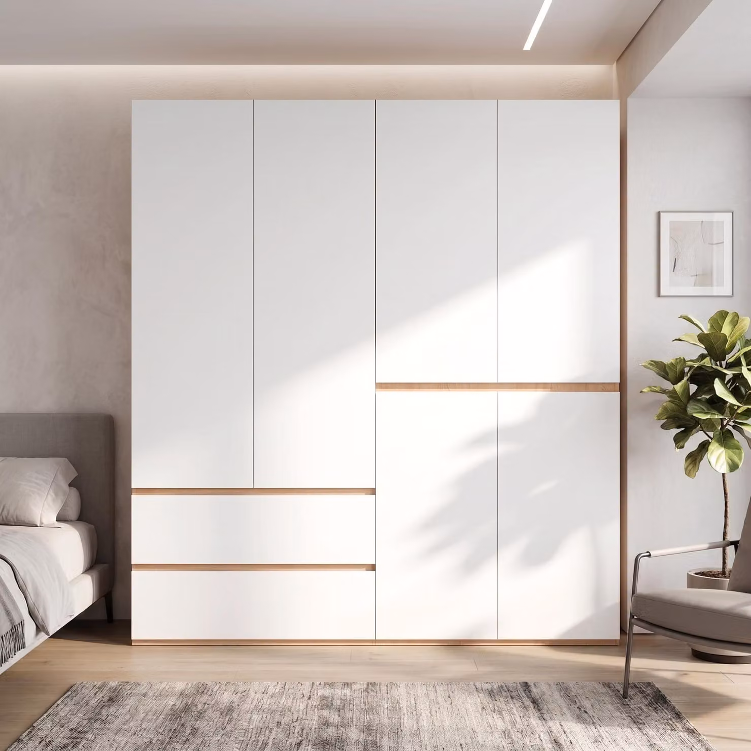 Armadio con aste e ante, appendiabiti con cassetti, mobile alto con spazio contenitivo, dimensioni 180 x 50 x 200 cm, colore bianco, materiale: pannello di particelle (PB) e MDF