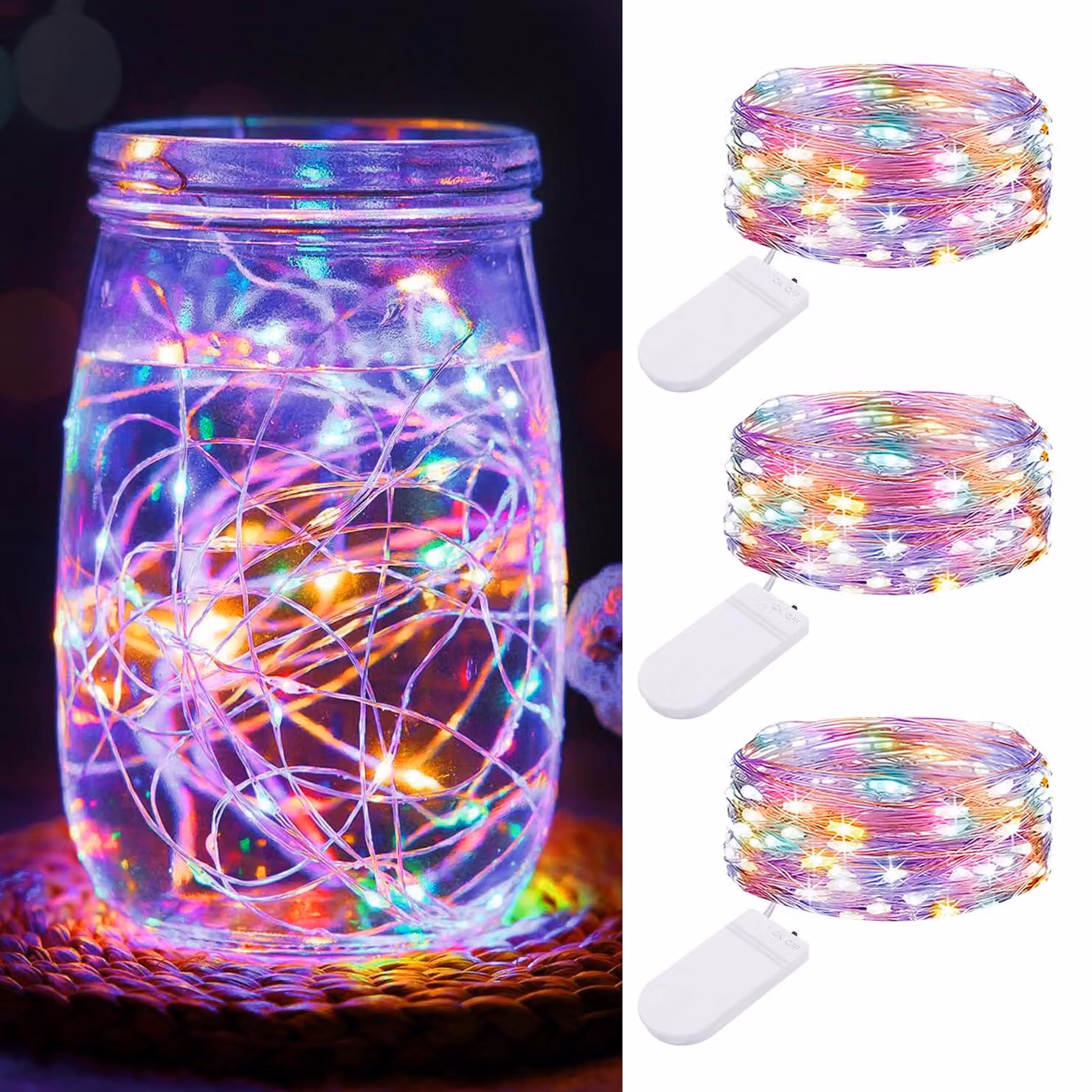 Set di 3 catene luminose a LED, lunghezza 2 metri, 20 LED, filo argentato, alimentazione a batteria