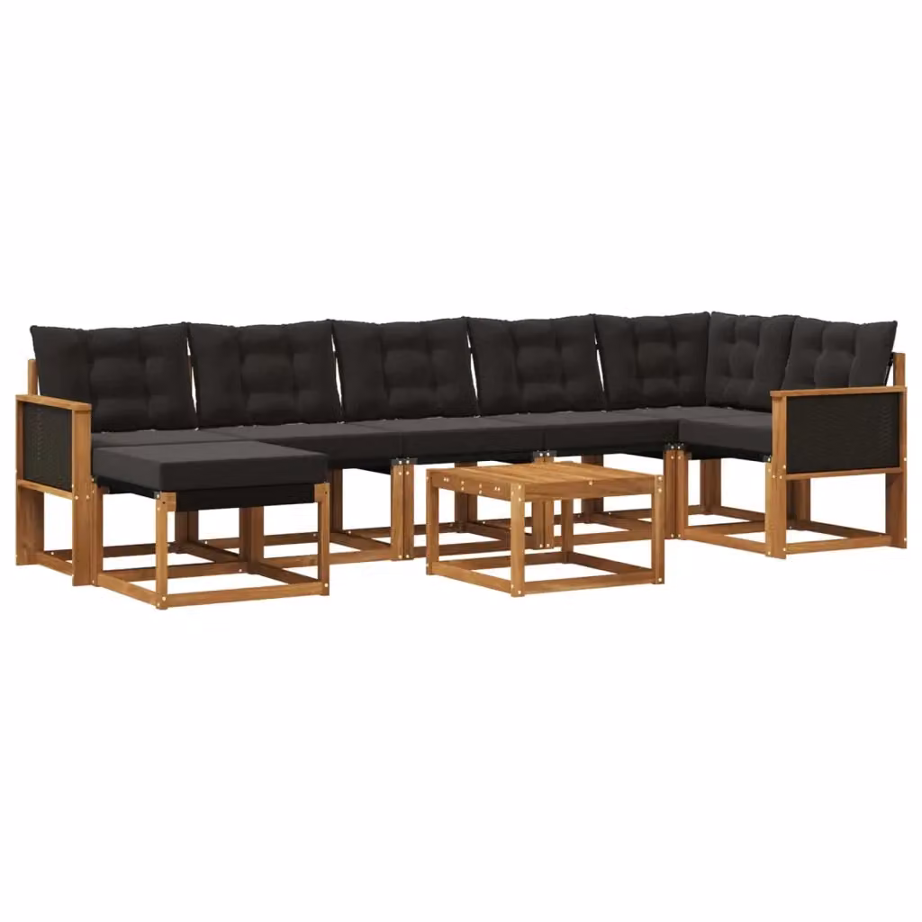 Set di divani da esterno a forma di U vidaXL in legno di acacia con tavolino e pouf, colore marrone e nero – 2