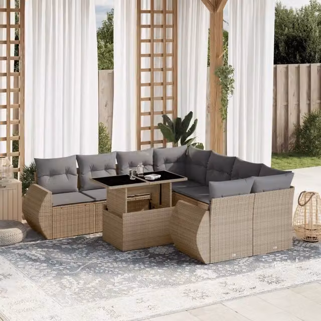 Set Divano da Giardino 9 pz con Cuscini Beige in Polyrattan 3268429