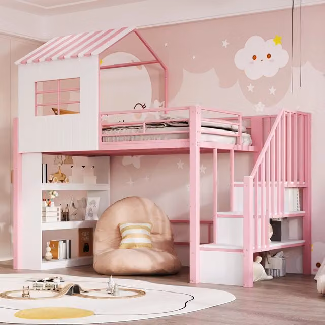 Letto a soppalco 90x200 cm con scala contenitore e scaffale; rosa