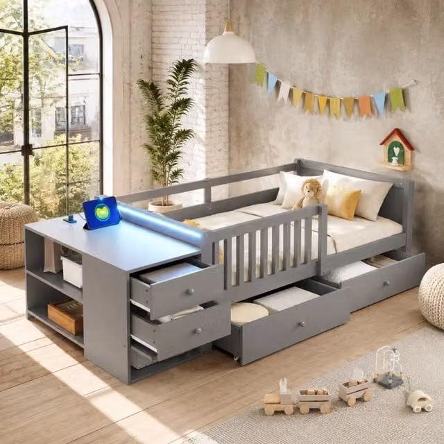 Letto per bambini ULEVR 90x200 cm con modulo contenitore indipendente, LED, presa e sponda di sicurezza, grigio