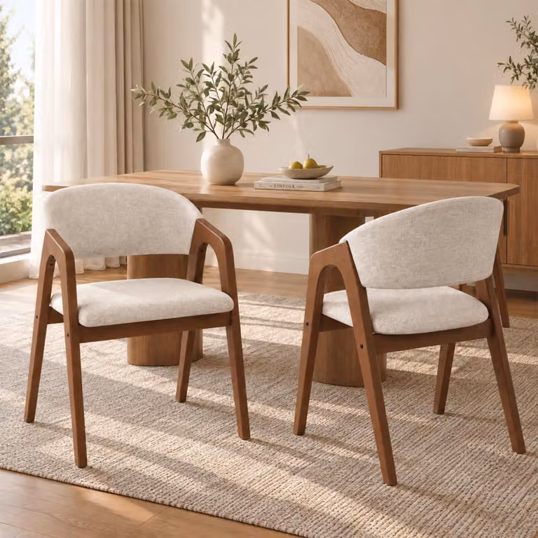 Set di 2 sedie da pranzo Flieks, poltrone con schienali sagomati, sedie per la cucina o il soggiorno, rivestite in lino, finitura in legno di noce