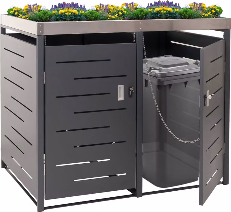 Copertura per 2 bidoni della spazzatura MCW-H40, box per bidoni della spazzatura, fioriera combinata in acciaio inossidabile e metallo 54 kg 125x134x84 cm espandibile