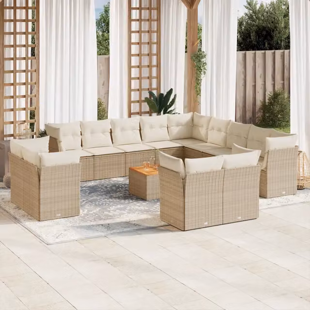 Set di Divani da Giardino a Forma di U vidaXL in Polyrattan Beige con Cuscini e Tavolino da Esterno – 1