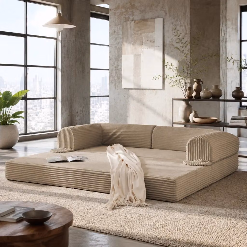 Divano letto MIVRAY a 2 posti convertibile beige in tessuto a coste con funzione notte e braccioli imbottiti, dimensioni letto 140x200 cm – 2