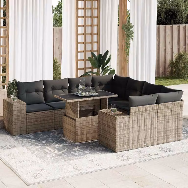 Set Divano da Giardino vidaXL 9 pz in Polyrattan Grigio con Cuscini e Tavolino