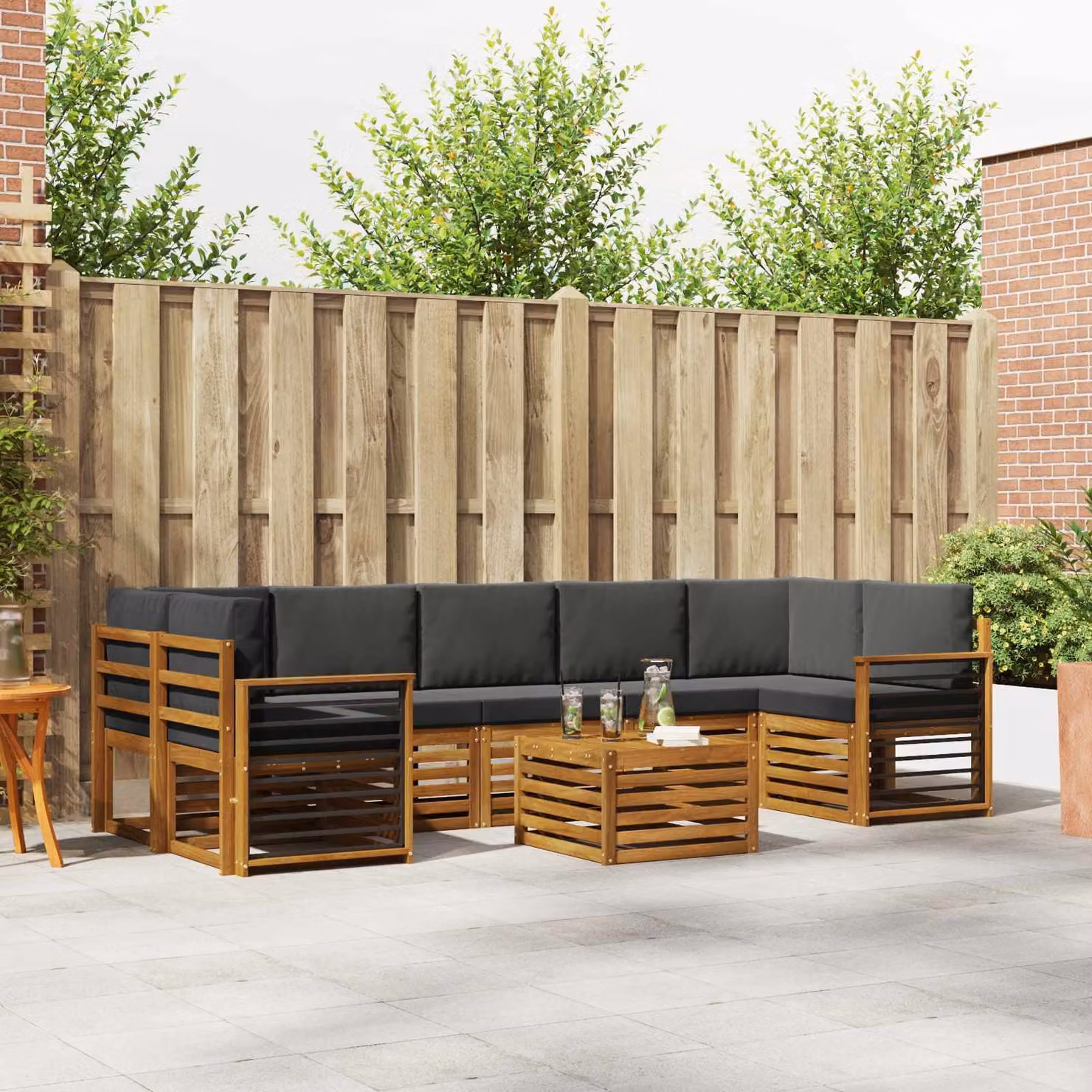 Set di divani da esterno vidaXL a forma di L in legno di acacia con tavolo da caffè, 8 pezzi, colore naturale, beige e antracite