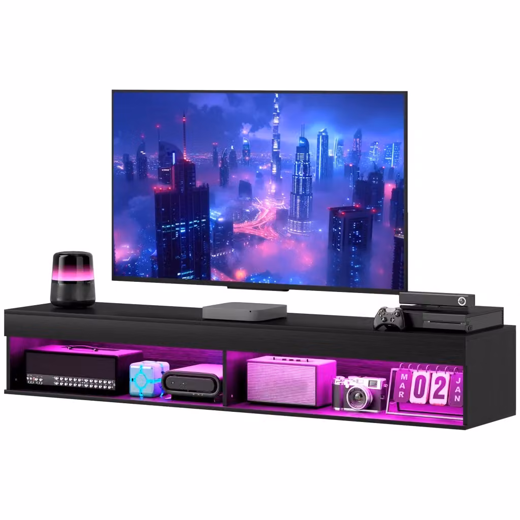 Mobile Porta TV Sospeso Moderno con Luci LED Integrate e Passacavi, Nero Opaco, L 180 cm x P 40 cm x H 30 cm – 2