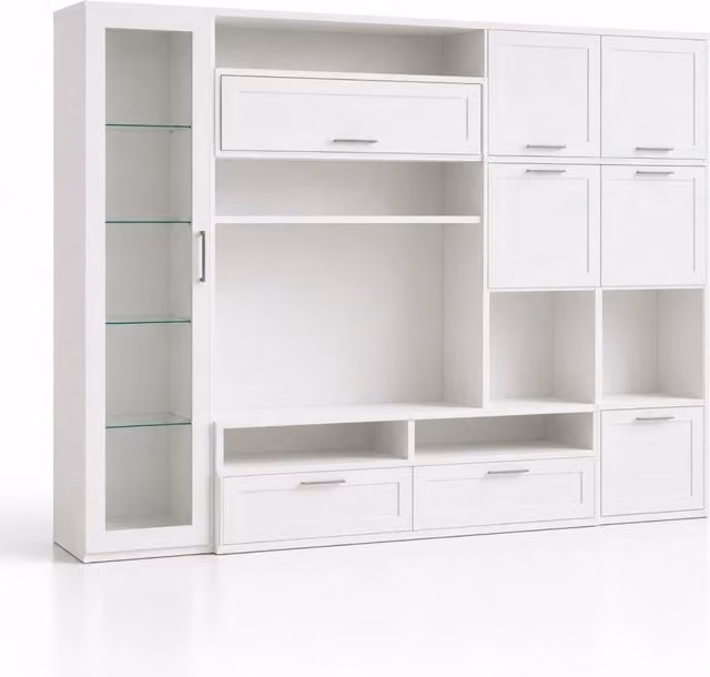 Parete Attrezzata Arreditaly per Soggiorno con Vetrina, 6 Ante Battenti e 3 Ribalte, Mobile Porta TV Moderno Bianco, L 300 x P 50 x H 215 cm