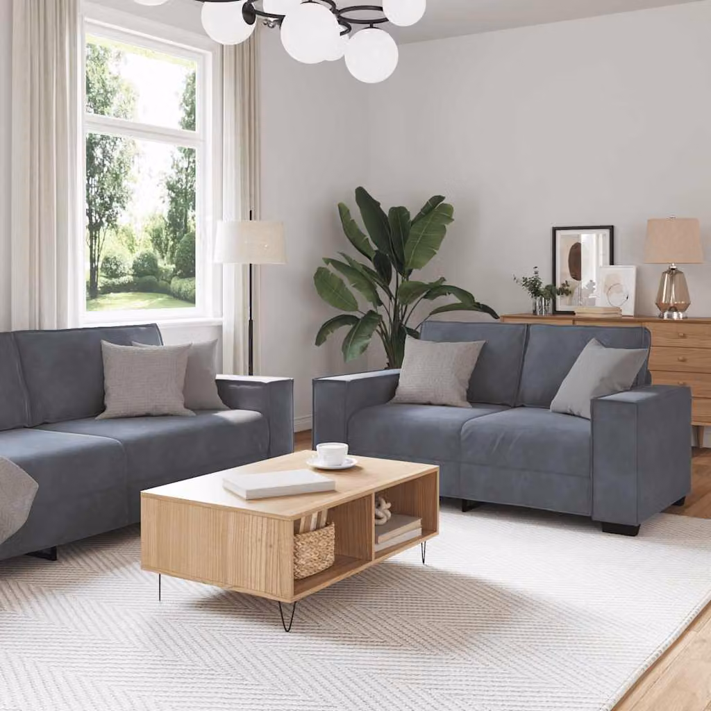 Set di divani 3 pezzi vidaXL in velluto grigio con cuscini, design moderno per soggiorno