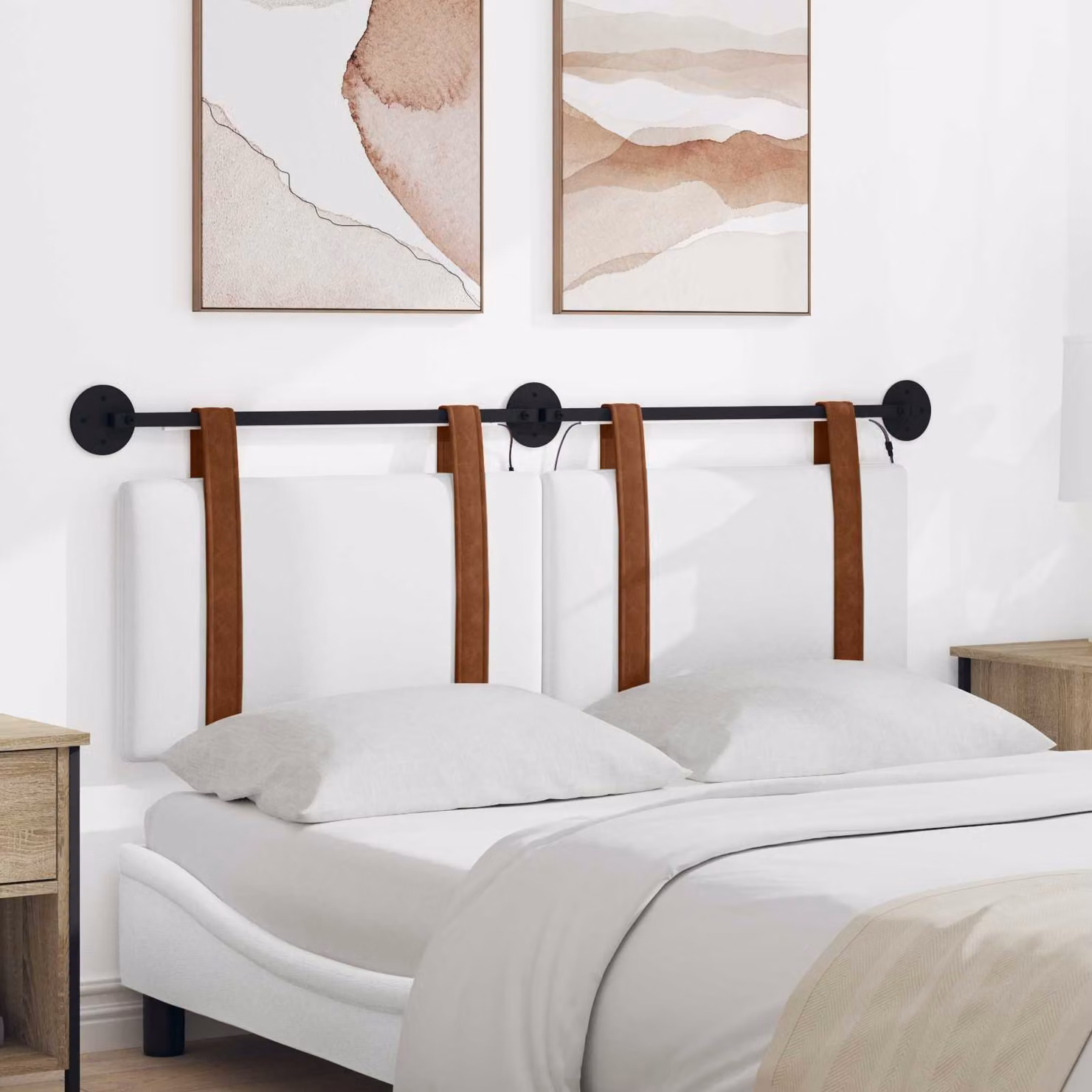 vidaXL Testiera per letto sospesa con luce LED in similpelle bianca e legno