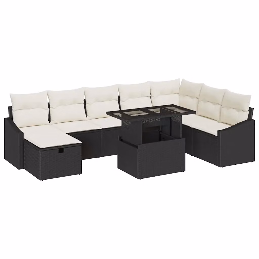 Set Divano da Giardino Moderno vidaXL in Polyrattan Nero con Cuscini e Tavolino da Esterno – 2