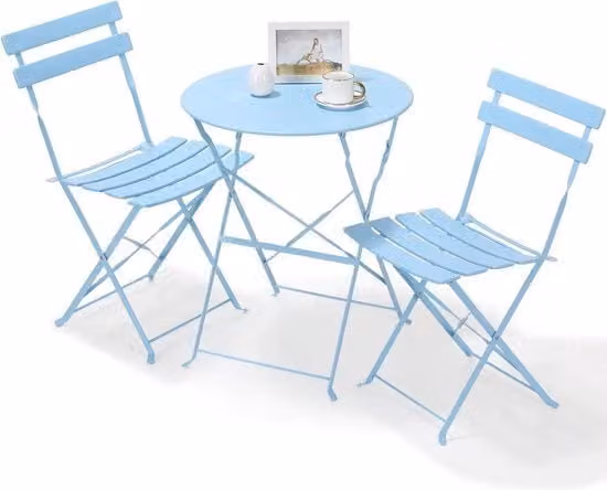 Set da Giardino Patio - 1x Tavolo - 2x Sedie - Blu Cielo - Opportuno - Blu Pastello - Ripiegabile
