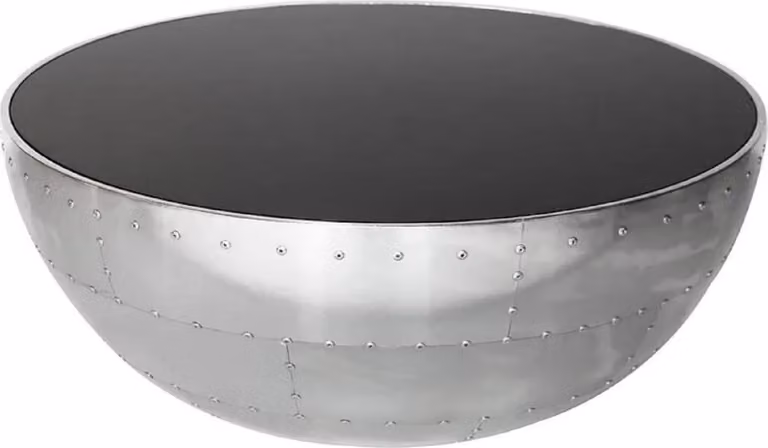 Casa Padrino Tavolino Argento / Nero Ø 82 x H. 34 cm - Tavolo da soggiorno rotondo in alluminio con piano in vetro - Mobili in alluminio per aerei - Mobili da soggiorno - Mobili