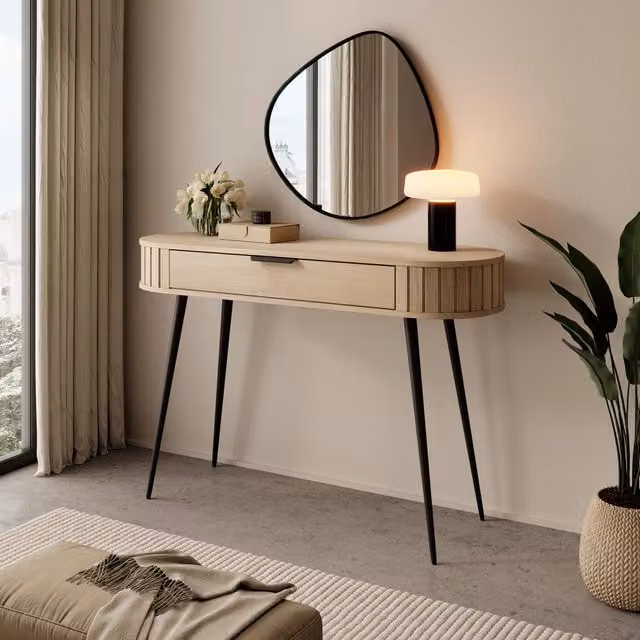 Toeletta DMORA con un cassetto in finitura rovere e struttura moderna, L: 120 cm, P: 40 cm, H: 80 cm