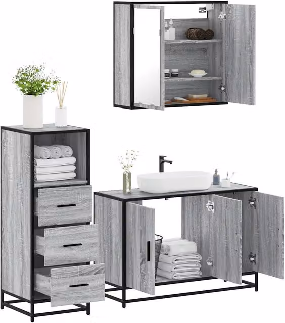 Set Mobili da Bagno 3 pz Grigio Sonoma in Legno Multistrato 3301013