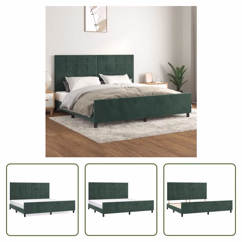 The Living Store Struttura letto con testiera in velluto verde scuro 200x200 cm